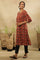 Red Block Printed Round Neck Kurta In Cotton Slub