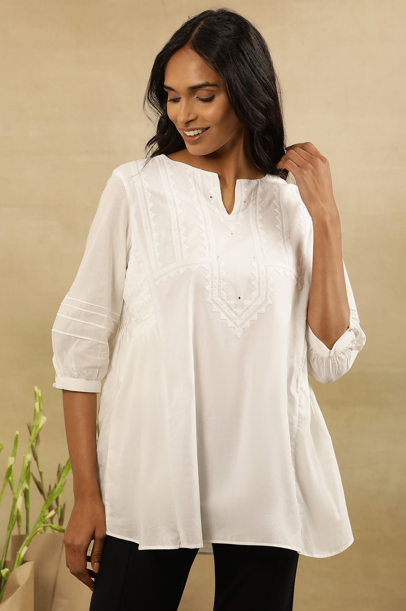 White  Applique  Work Cotton Voile  Top With Mirror Work