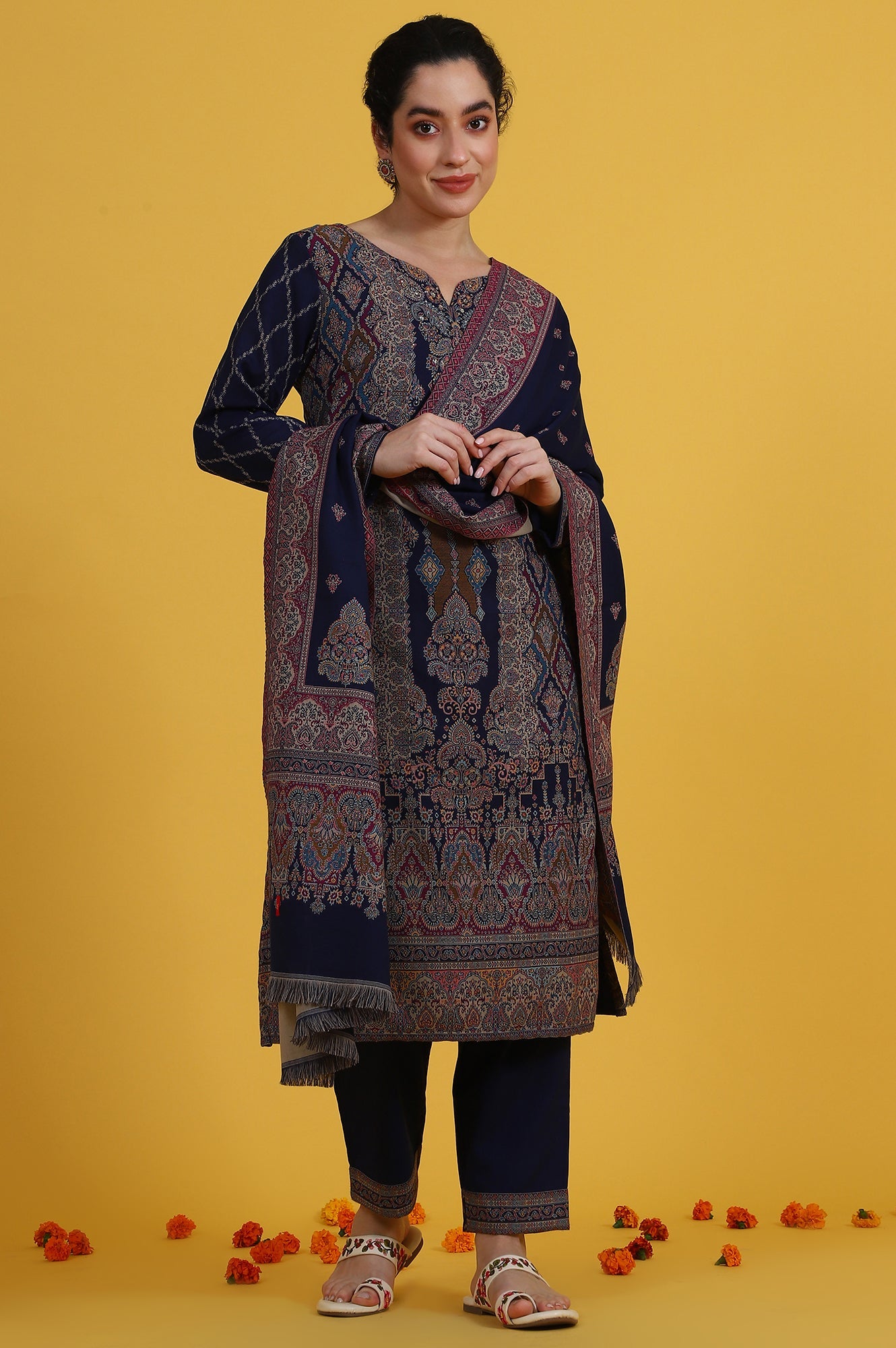 Blue Yarn Dyed Sequins Straight Kurta & Straight pant with Dupatta Set