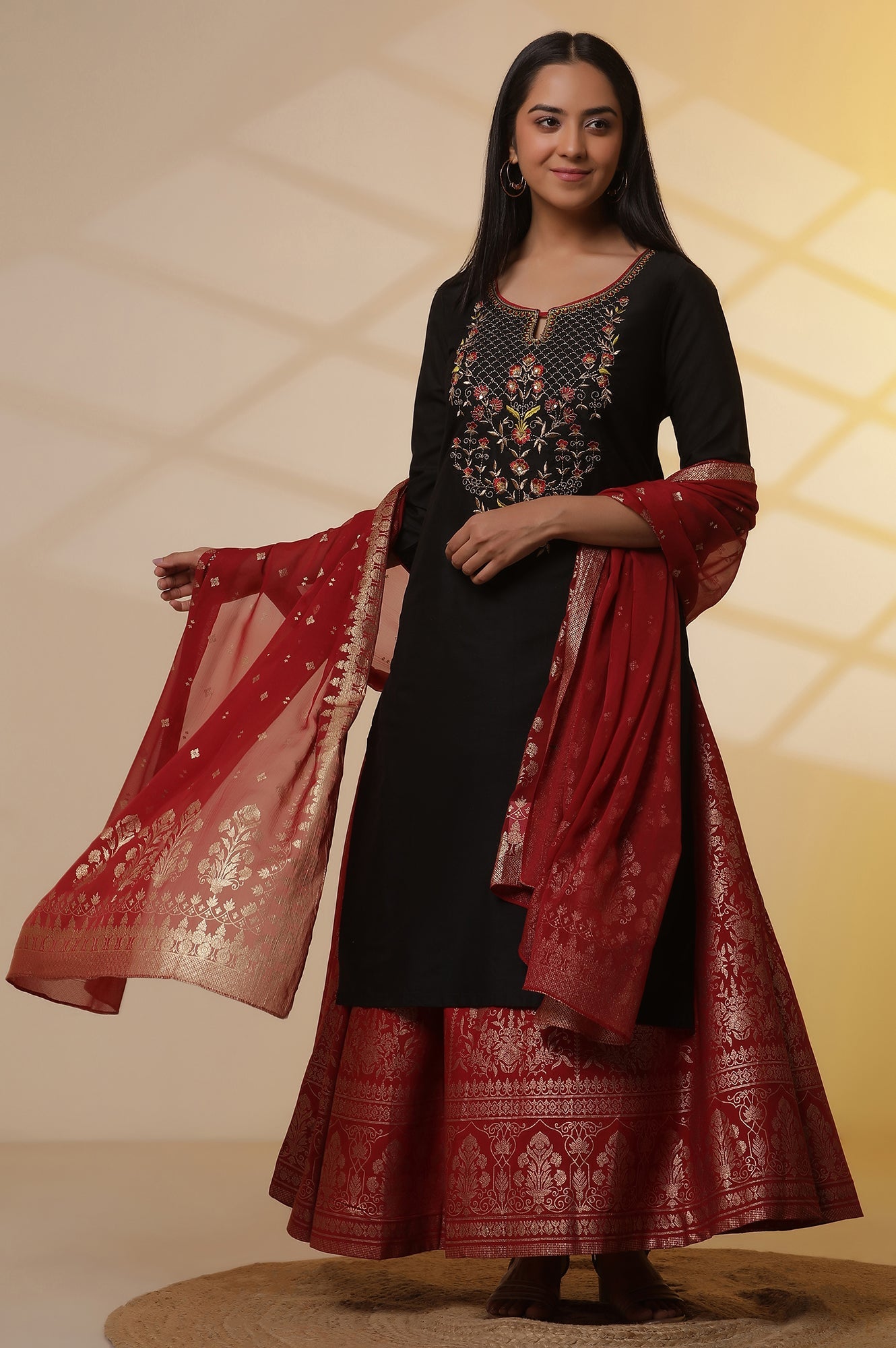 Black Zari Embroidered Straight Kurta, Red Printed Skirt and Dupatta Set