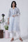 White & Blue Floral Printed Kota Kurta, Pants And Brasso Dupatta