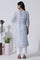 White & Blue Floral Printed Kota Kurta, Pants And Brasso Dupatta