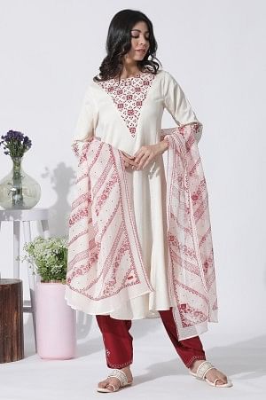 White Flared Mirror Work Kurta, Embroidered Salwar With Dupatta Set