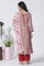 White & Red Printed Flared Kurta, Cotton Pants With Dupatta Set