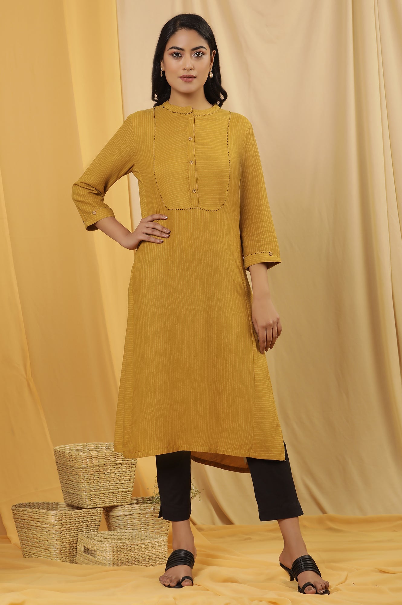 Yellow Stripe Kurta And Trousers Set