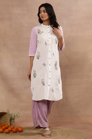 White Seer Sucker Embroidered Kurta And Pants Set