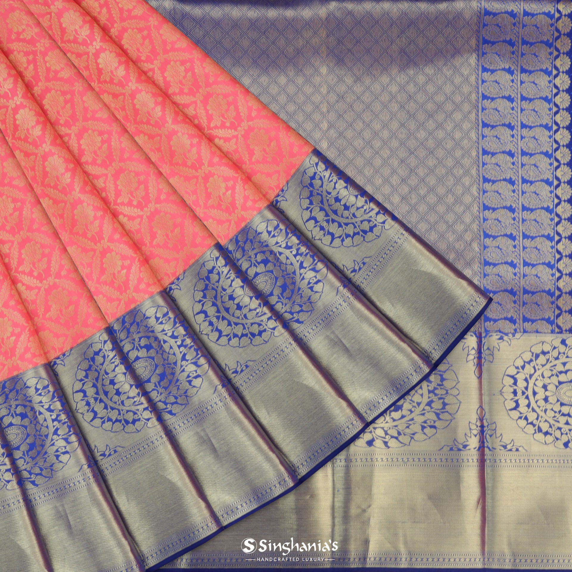 Brink Pink Silk Kanjivaram Saree With Floral Pattern