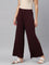 Women Solid Dark Wine Viscose Mid Rise Knit Palazzos