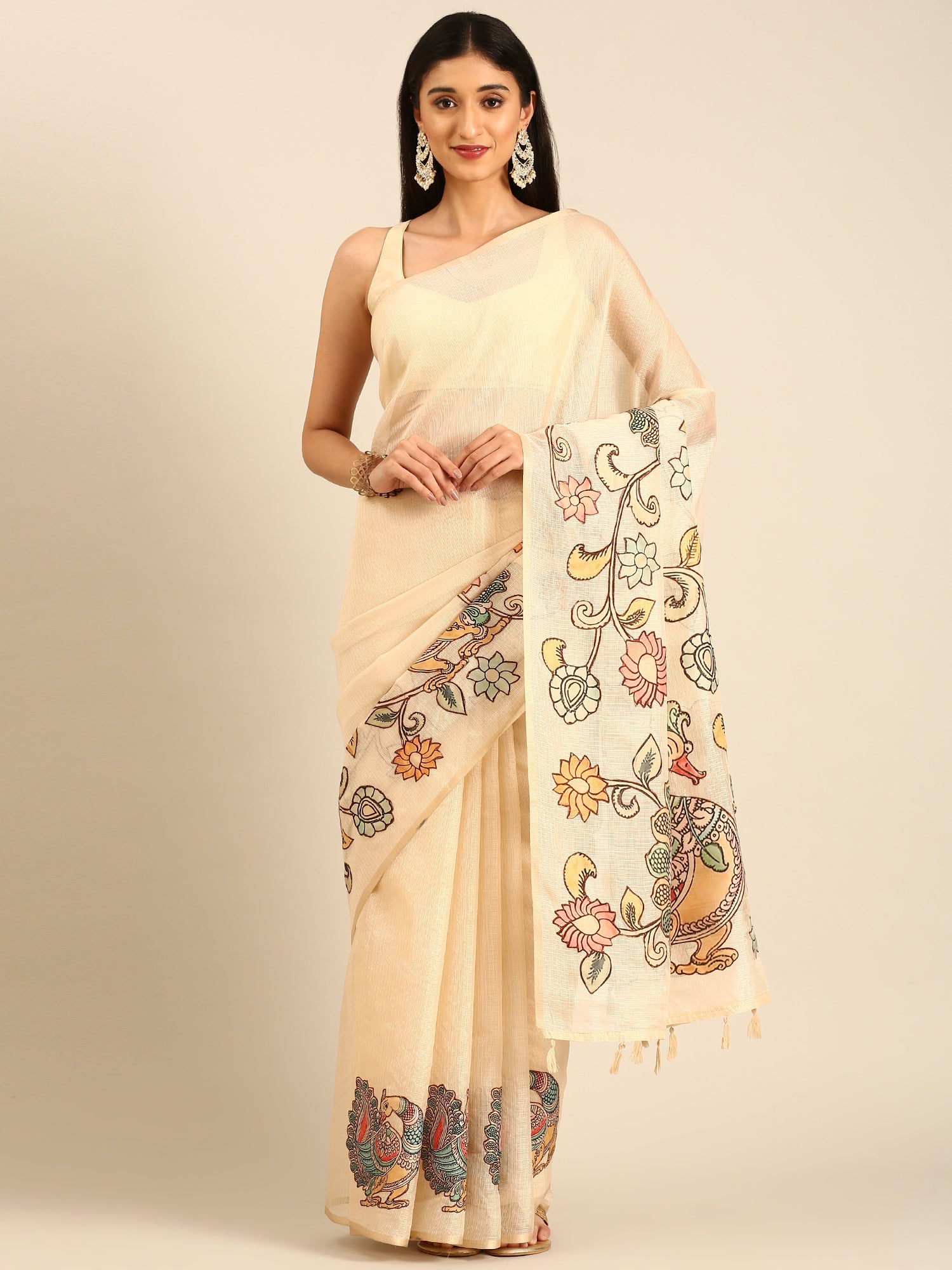 Cream kota saree with kalamkari appliqué work on Pallu