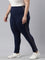 Women Navy Cotton Mid Rise Side Stripe Active Leggings