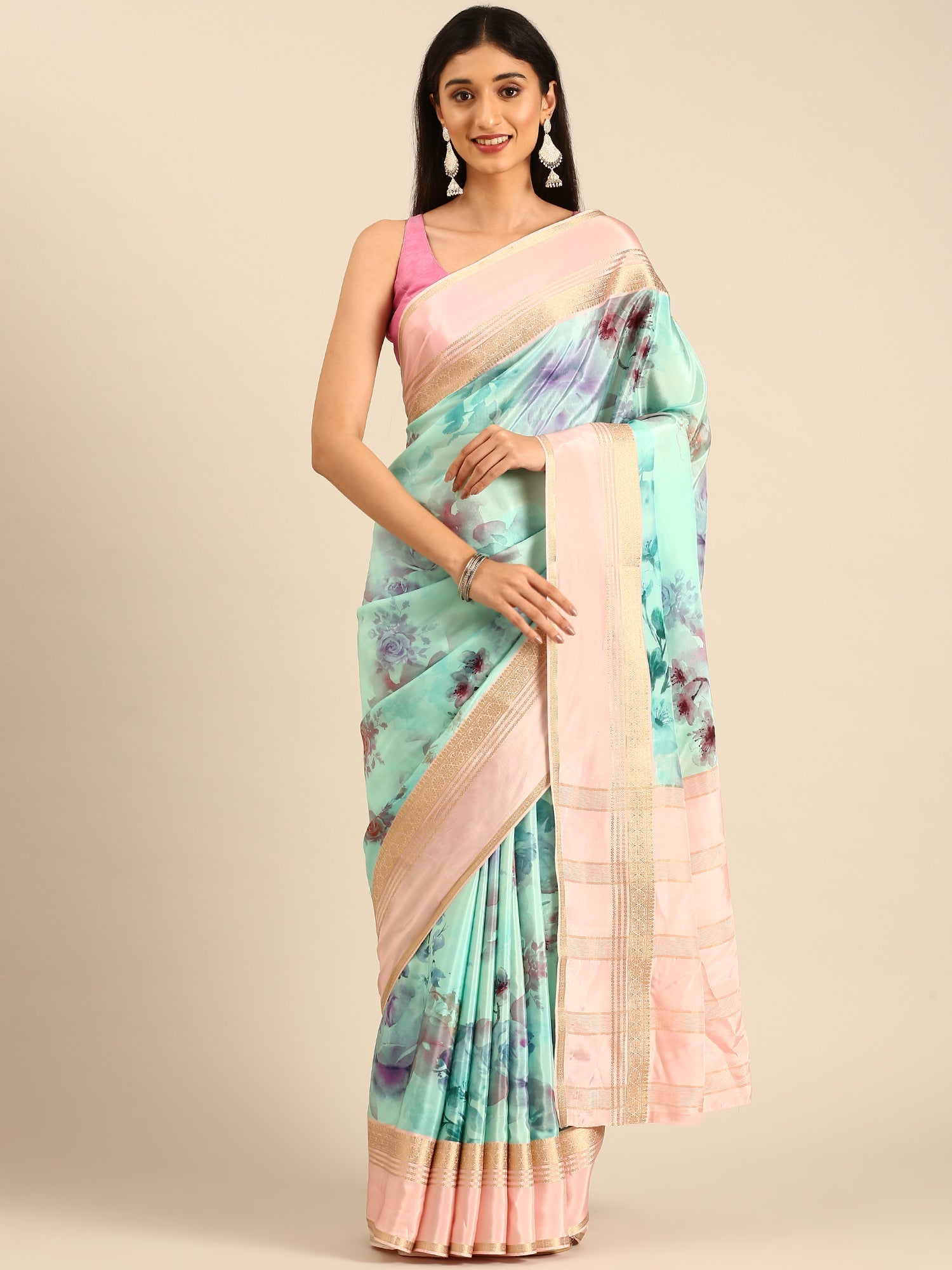 Blue Mysore crepe saree with Zari contrast border