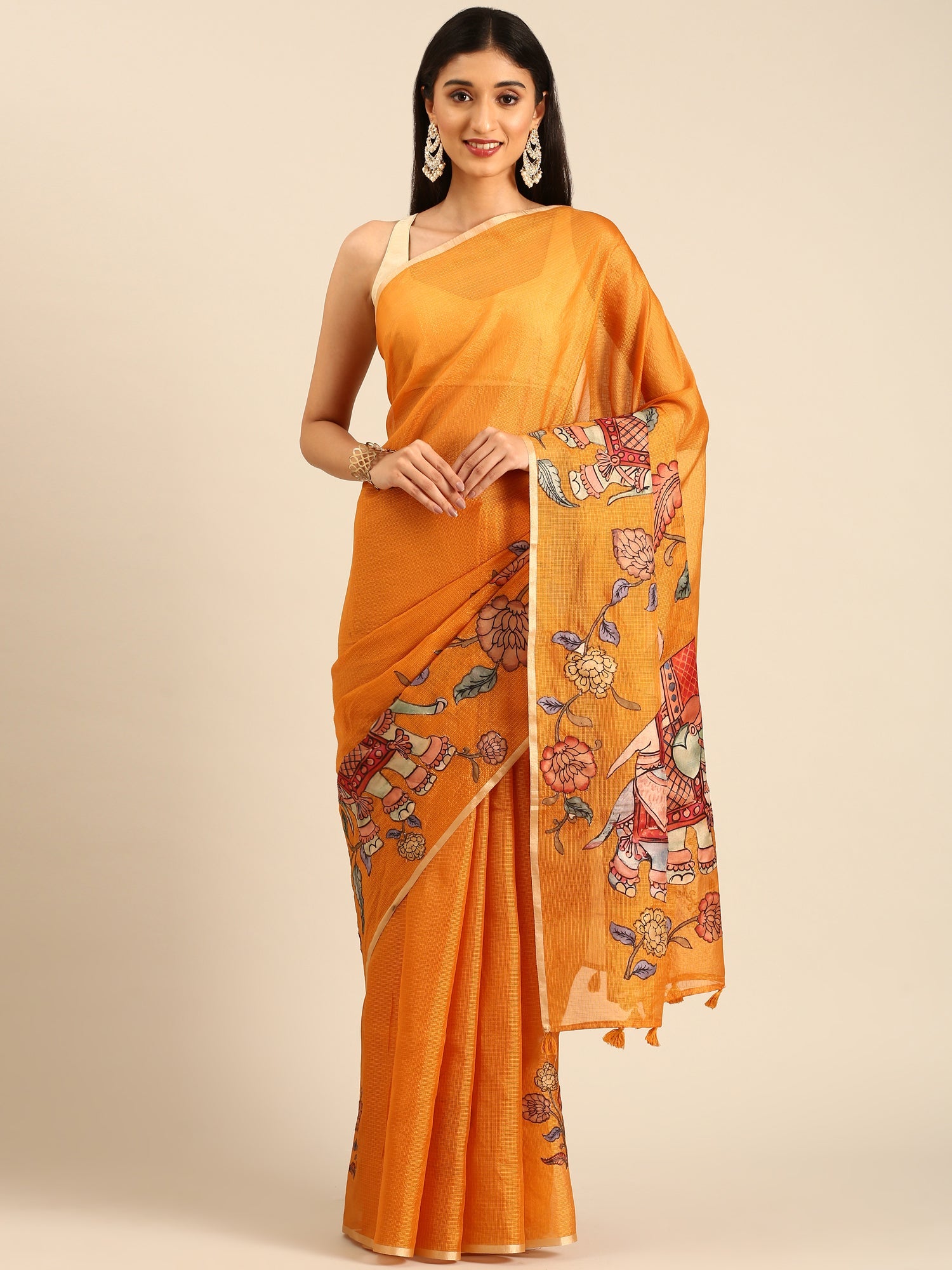 Mustard Kota Saree With Kalamkari Appliqué Work On Pallu