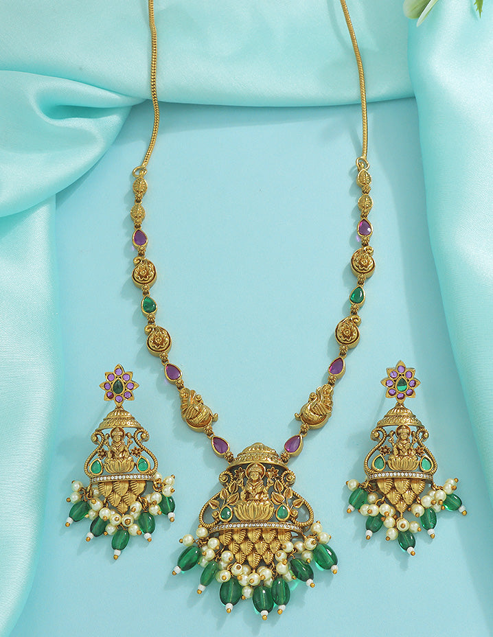 Designer Zirconia Royal Devi Temple Kempu Necklace Set