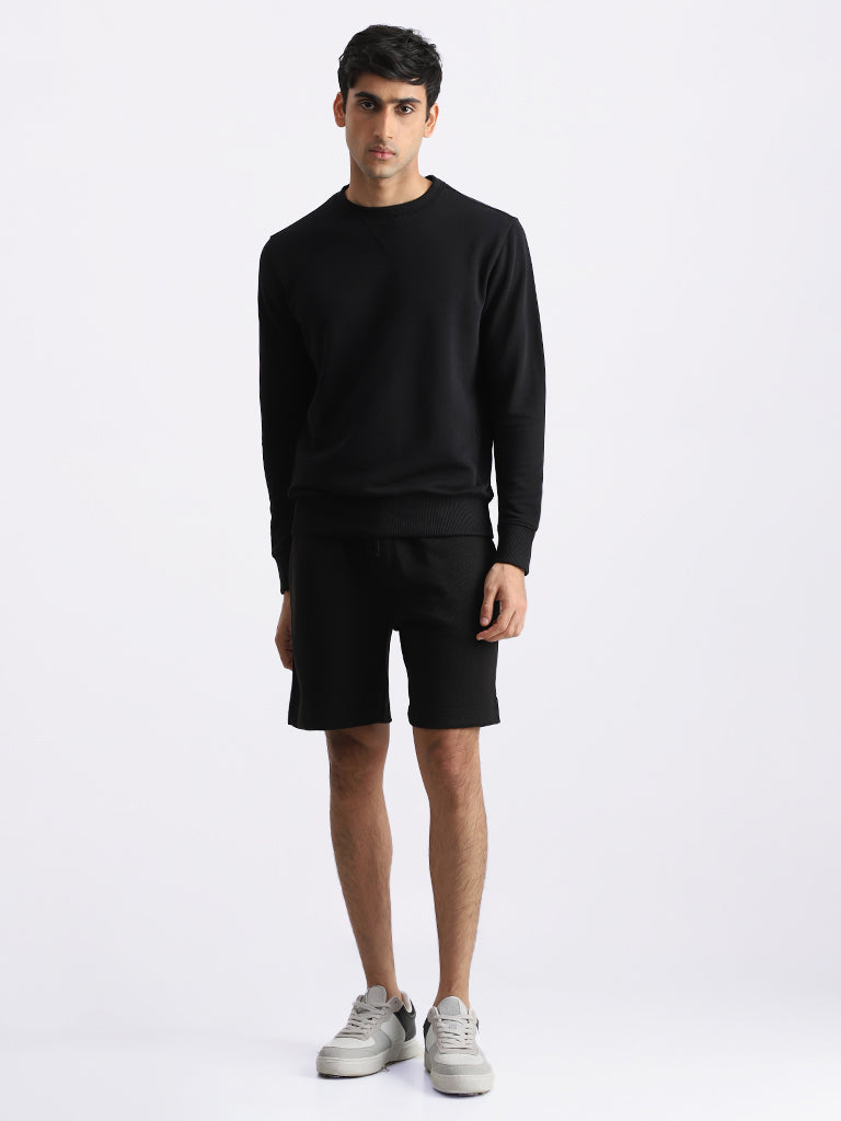 WES Lounge Solid Black Cotton Blend Shorts