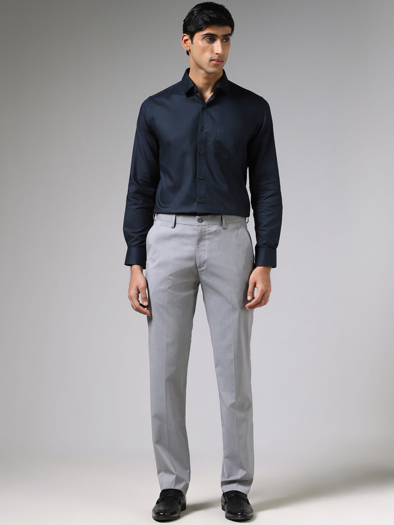 WES Formals Dobby Navy Blue Slim Fit Shirt