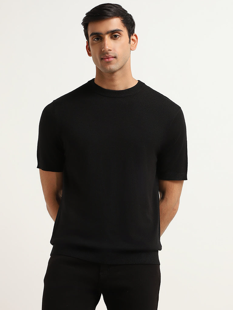 WES Formals Solid Black Knitted Slim Fit T-Shirt