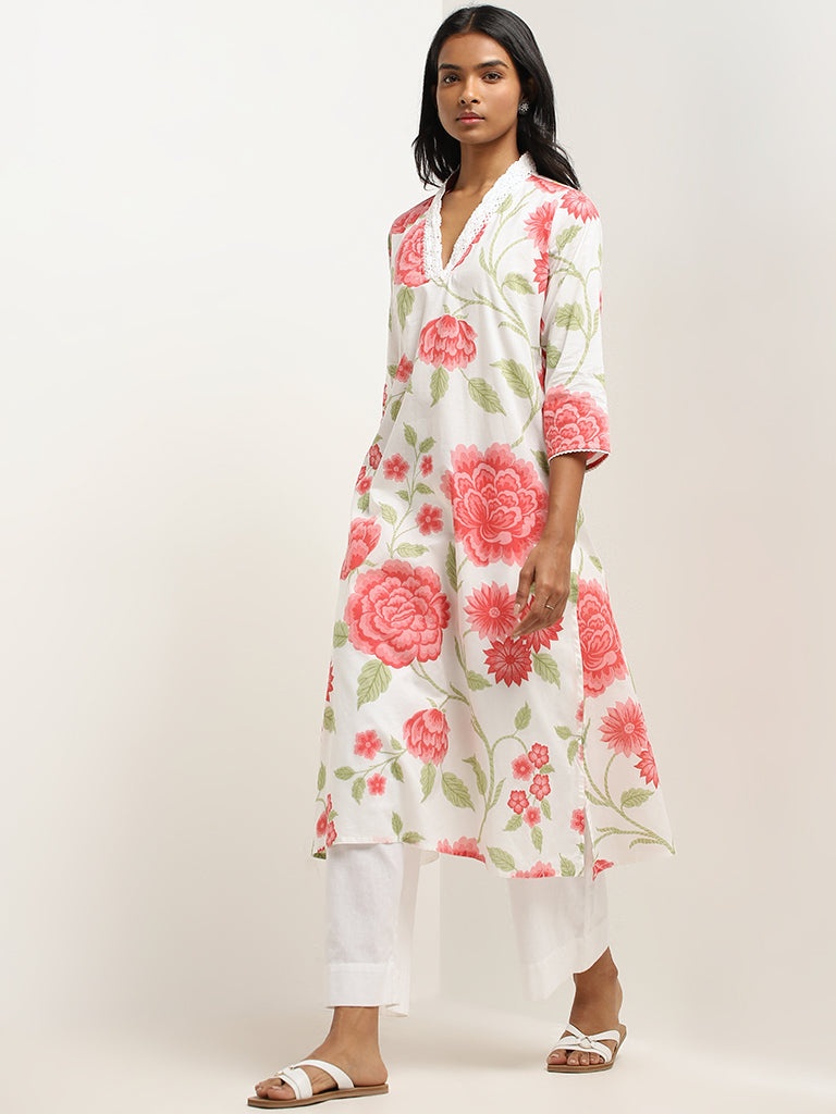 Utsa Coral Floral Print A-Line Cotton Kurta