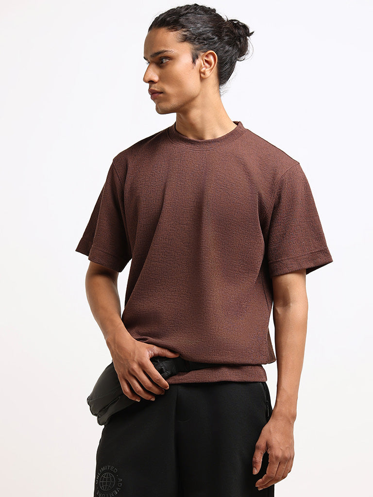 Studiofit Brown Self-Patterned Relaxed Fit T-Shirt