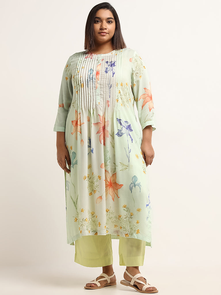 Diza Green Printed Pintuck Kurta