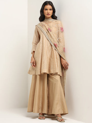 Vark Beige A-Line Kurta, High-Rise Palazzos & Dupatta Set