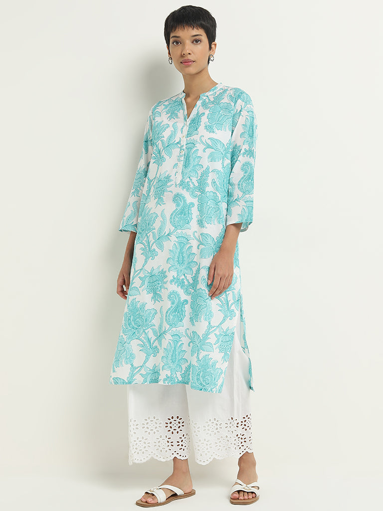 Utsa Turquoise Floral Printed Straight Cotton Kurta