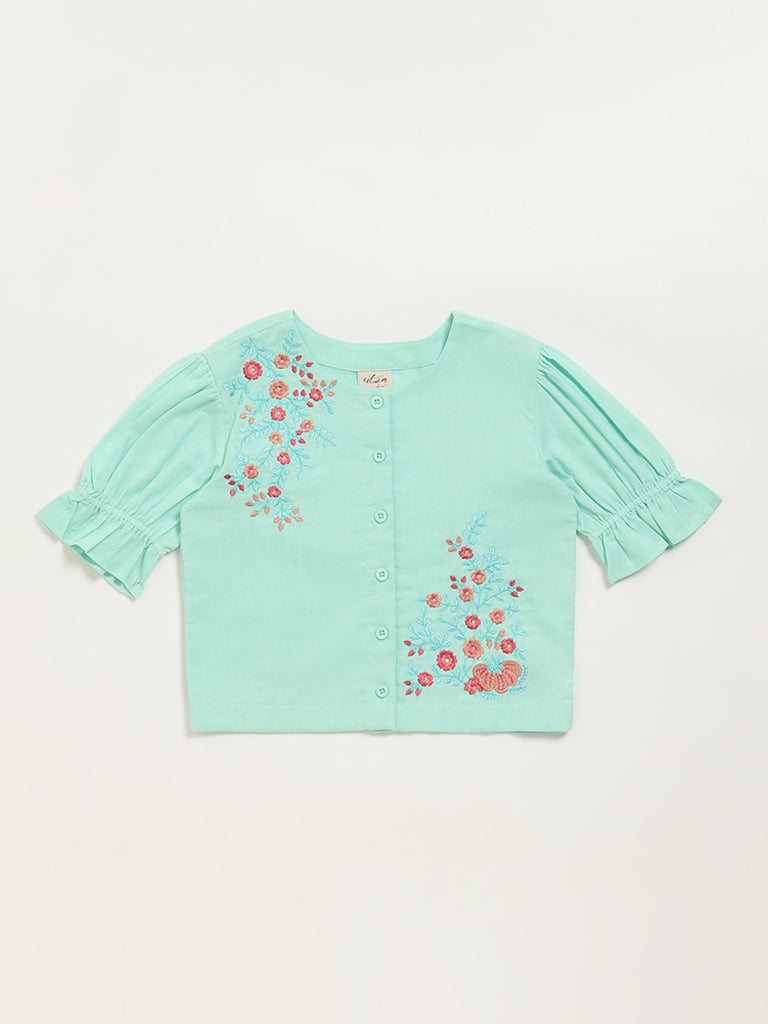 Utsa Kids Blue Button-Up Floral Cotton Blend Top (8 -14yrs)