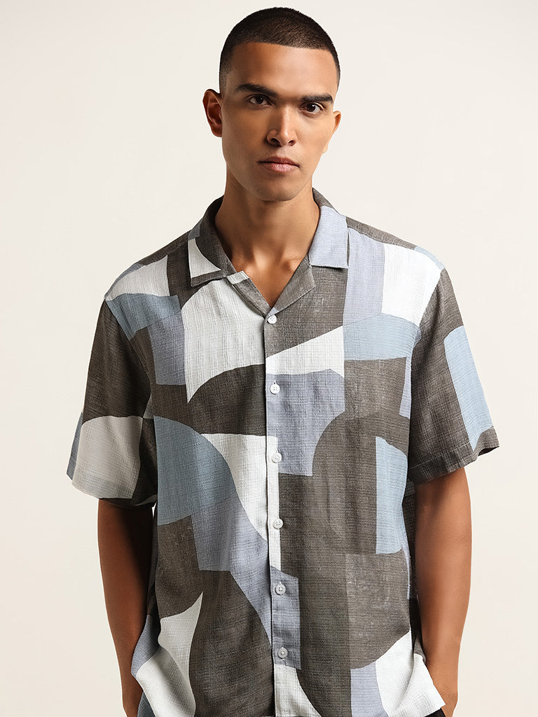 Nuon Blue Printed Relaxed Fit Blended Linen Shirt