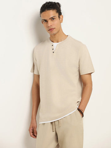 ETA Beige Henley Cotton Slim Fit T-Shirt