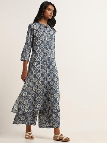 Utsa Blue Printed Straight Fit Kurta