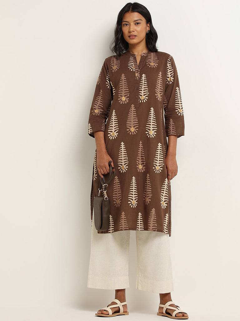 Utsa Brown Straight Fit Printed Cotton Kurta