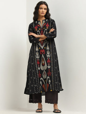 Utsa Black Ikat Printed Cotton A-Line Kurta