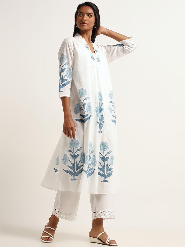 Utsa Blue Floral Cotton A-Line Kurta