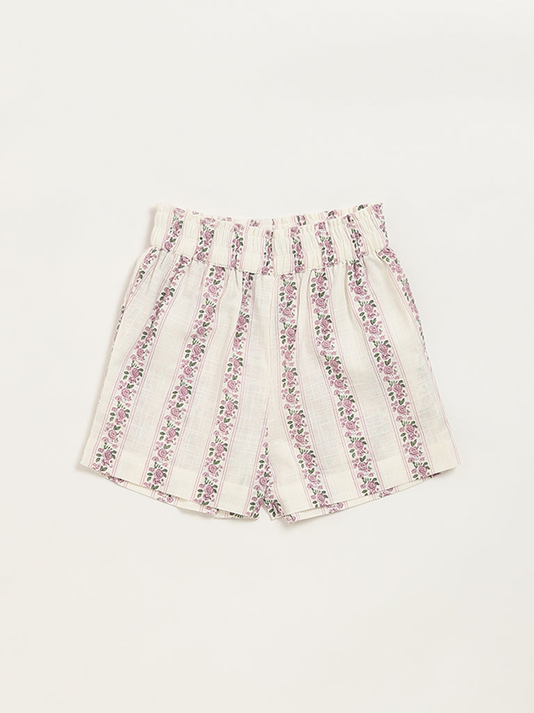 Utsa Kids Off-White Ditsy Floral Cotton Shorts