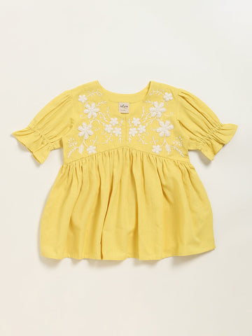 Utsa Kids Yellow Embroidered Cotton Blend Empire Dress (8 -14yrs)