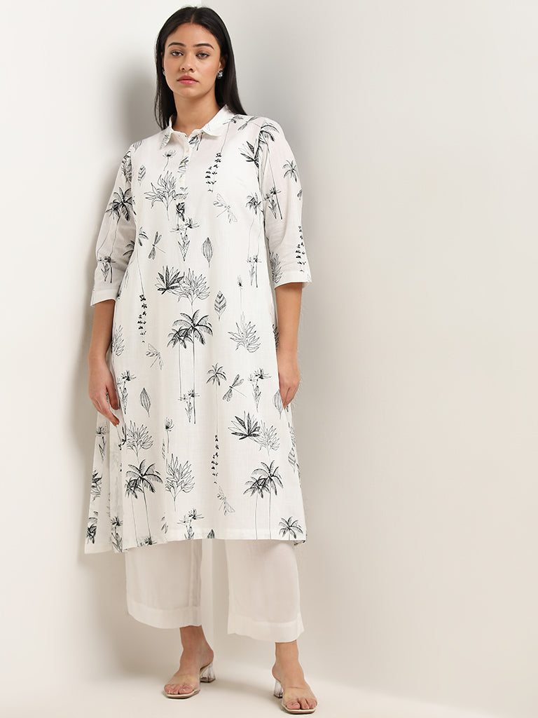 Diza White Foliage Design A-Line Cotton Kurta