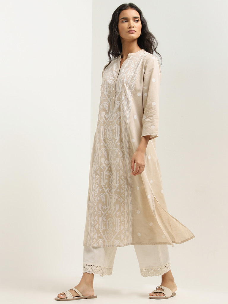 Utsa Beige Geometrical Design A-line Kurta