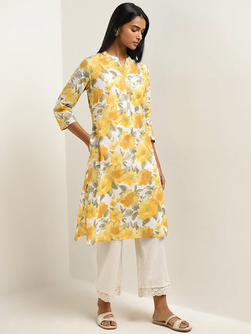 Utsa Yellow Floral Printed Straight Cotton Kurta