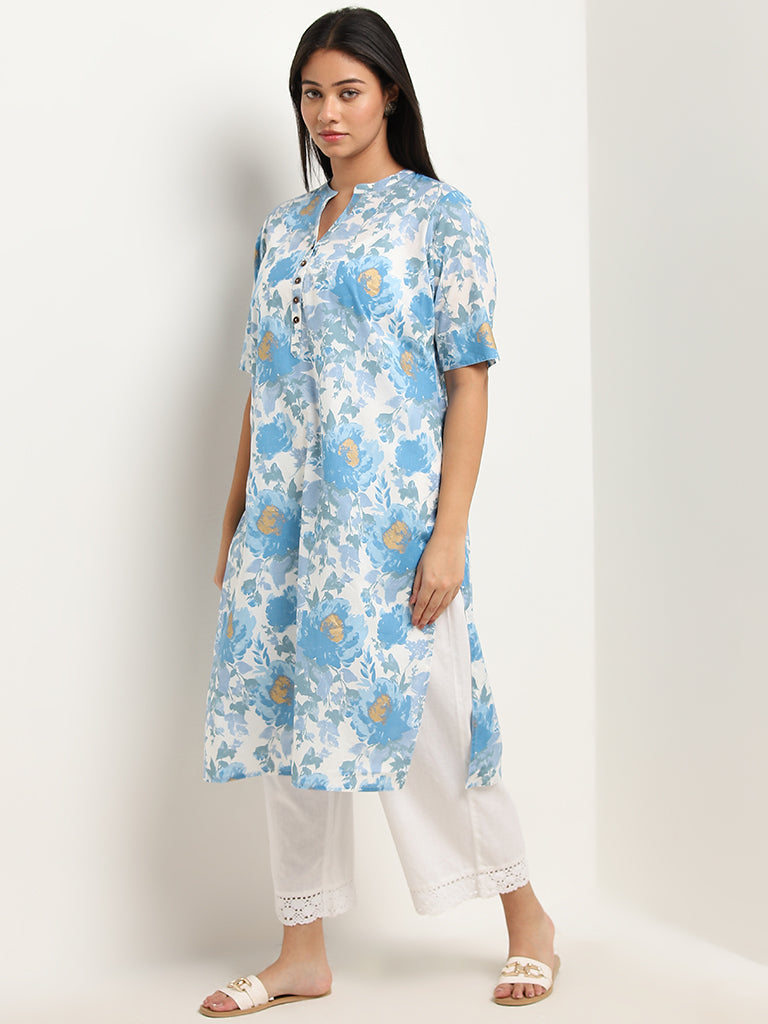 Diza Blue Floral Printed Straight Cotton Kurta