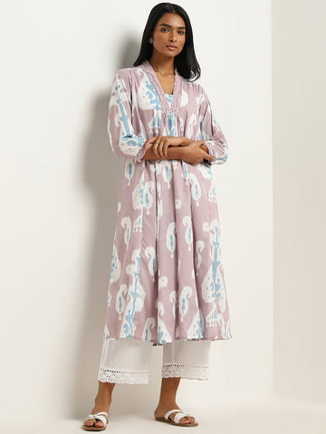 Utsa Lilac Ikat Printed A-Line Cotton Kurta