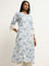 Utsa Blue Ikat Design A-Line Cotton Blend Kurta