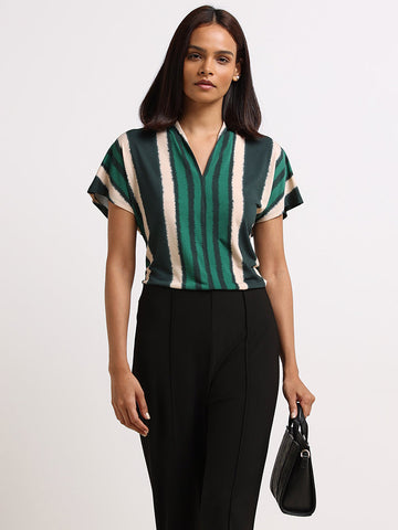 Wardrobe Green Striped V-Neck Top