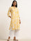 Utsa Yellow Leaf Patterned Straight Cotton Kurta