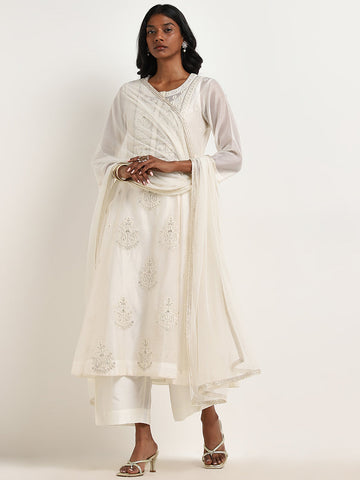 Vark White Embroidered A-Line Kurta, Pants & Dupatta Set