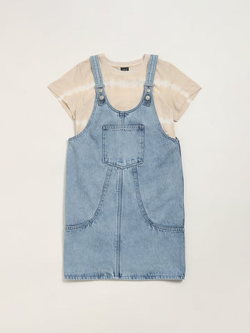 Y&F Kids Denim Blue Straight Pinafore Dress with T-Shirt