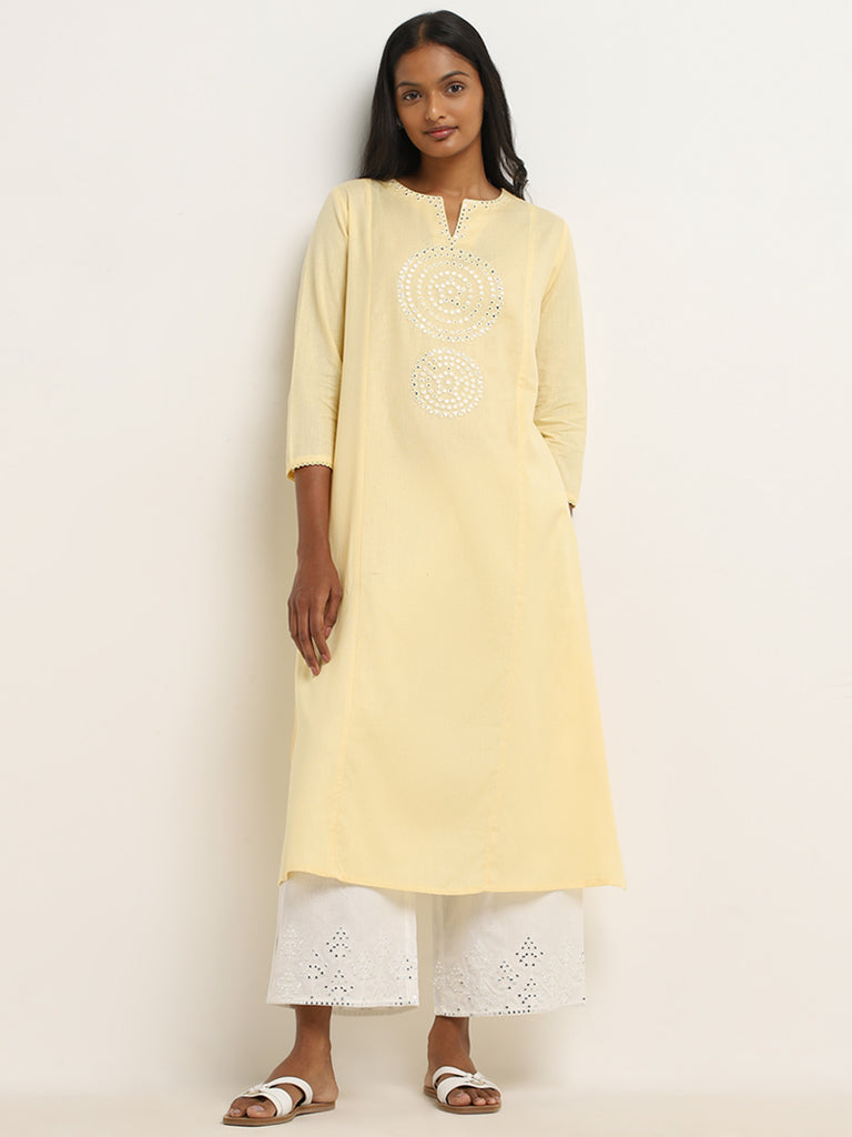 Utsa Yellow Mirror Detailed A-Line Cotton Blend Kurta