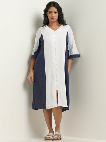 Gia Curves White Colour-Blocked Casual Cotton Straight Dress