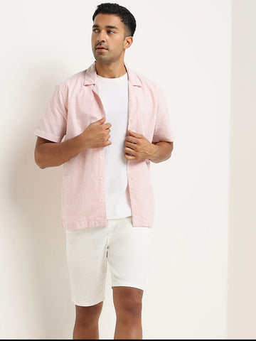 WES Casuals Coral Stripe Pattern Relaxed-Fit Cotton Shirt