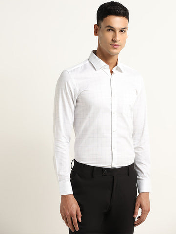 WES Formals White Checkered Slim-Fit Cotton Shirt