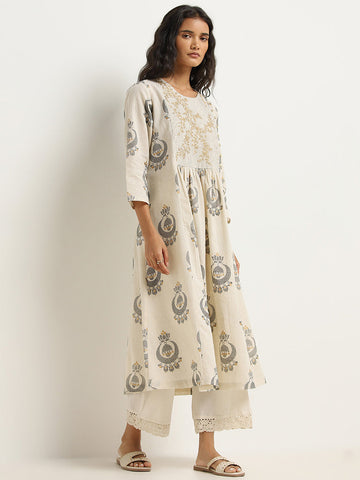 Utsa Beige Chandbali Printed Fit-and-Flare Cotton Kurta