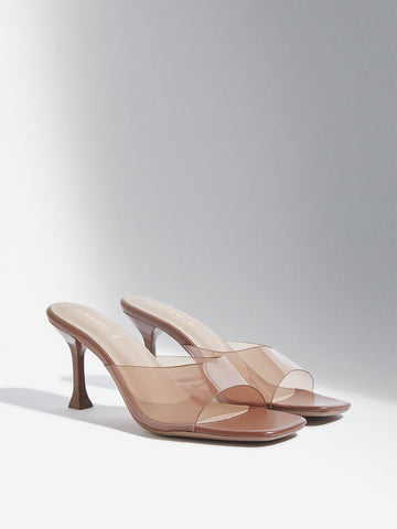 LUNA BLU Tan Vinyl Strap Pencil-Heel Sandals